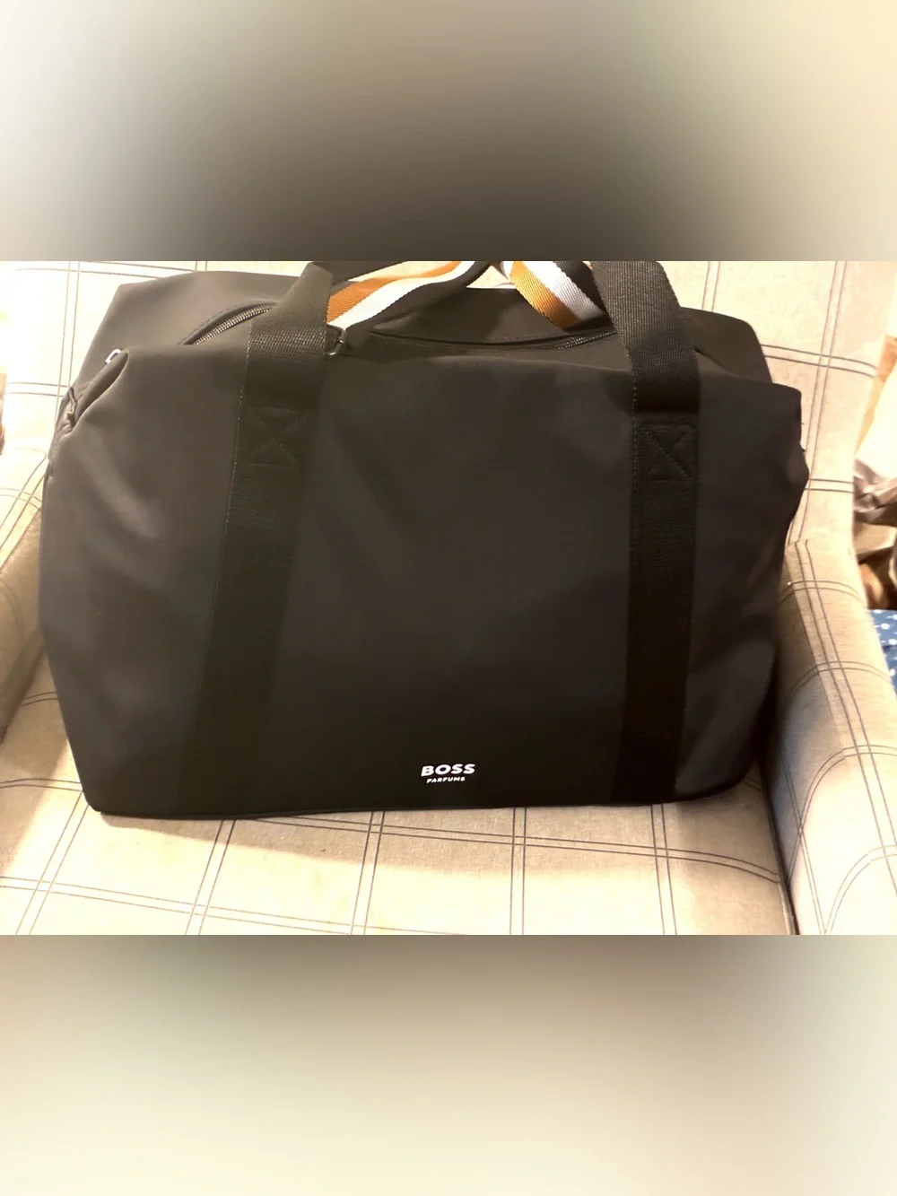 Ace!Hugo Boss Black Duffel Bag with White Logo and Royal Blue brown white strap